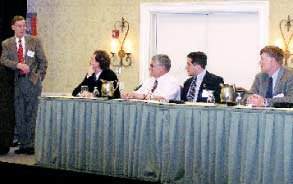 John Fisk, MD, (far left), moderates with a panel, Rob Kistenberg, CP; Steen Jensen, MD; Rob Horvath, and Robert Gailey, PT.