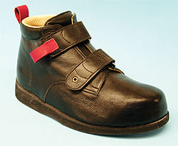 Chukka boot with pull loops, shown in red for emphasis, and grommet.