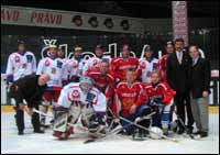 After the first amputee hockey game of the Czech team against the joint Russian-Finnish team (in red uniform),  Prague, October 14 of 2003