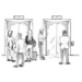 Group of people are waiting for the elevator, hand drawn vector illustration, sketch
