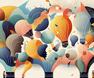 ai generated illustration of tiny people series, sharing thought, ideas by communicated and brainstorming