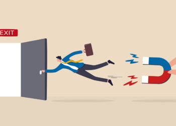 Incentive and welfare program for employee retention, building staffs loyalty reduce resignation rate for important talent, boss holding magnet to pull back resigned or leaving employee.