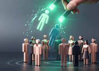 Businessman Hand Holding a Glowing Green Horseshoe Magnet Attracting Human Figures for Recruitment, Human Resources, Lead Generation, and Customer Acquisition Strategy Conceptual 3D Illustration